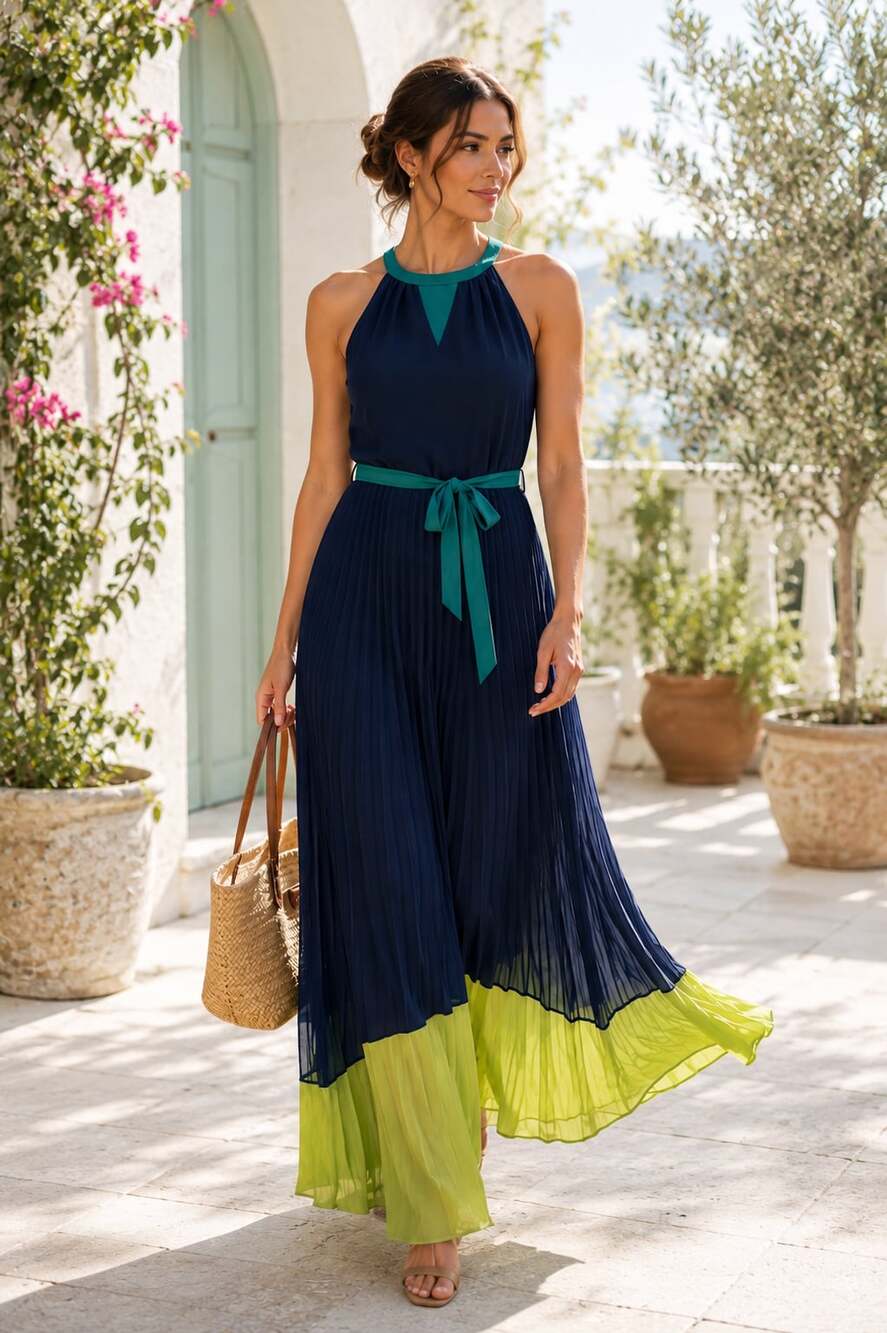 Max Studio Navy and Lime Green Colorblock Pleated Halter Maxi Dress